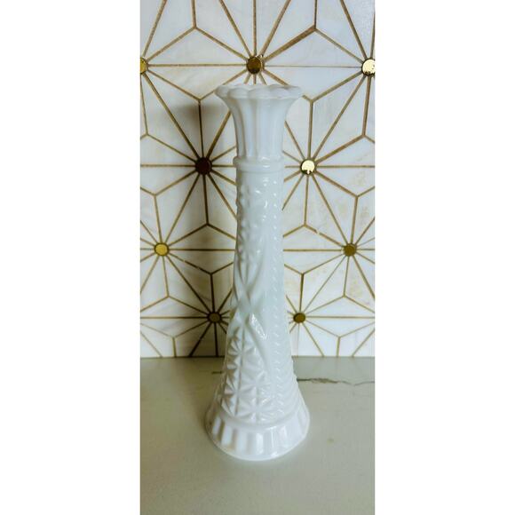 Vintage Milk Glass Bud Vase | 9” Diamond & Star Pattern Scalloped Edge - Picture 1 of 5